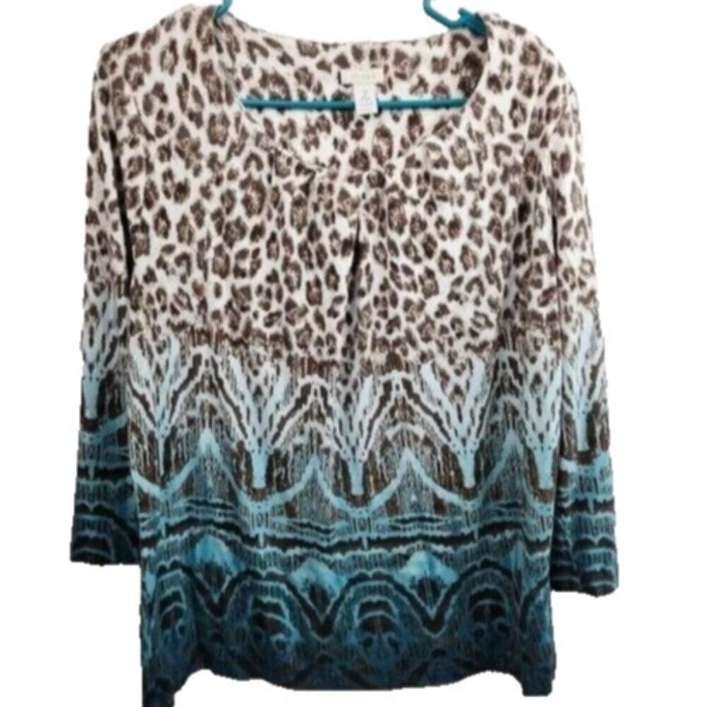 Chicos Womens Top Large Brown Blue Animal Print Metallic 3/4 Sleeve Wearable Art